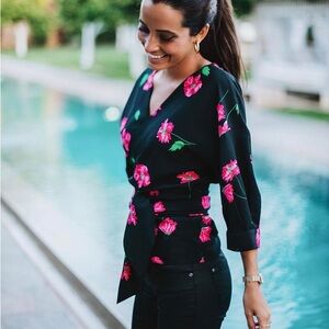 Zara | Gorgeous Tie-Front Floral Wrap Top with Hot Pink Flowers